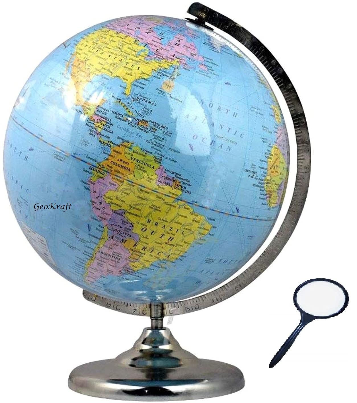 Globe 13 Inch Height, 10 Inch Diameter Rotating World With Magnifying Glass, Steel Finish Arc & Base, World, For Home & Office Decor, Best Gift For Students (Blue) Pack Of 1