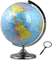 Globe 13 Inch Height, 10 Inch Diameter Rotating World With Magnifying Glass, Steel Finish Arc & Base, World, For Home & Office Decor, Best Gift For Students (Blue) Pack Of 1