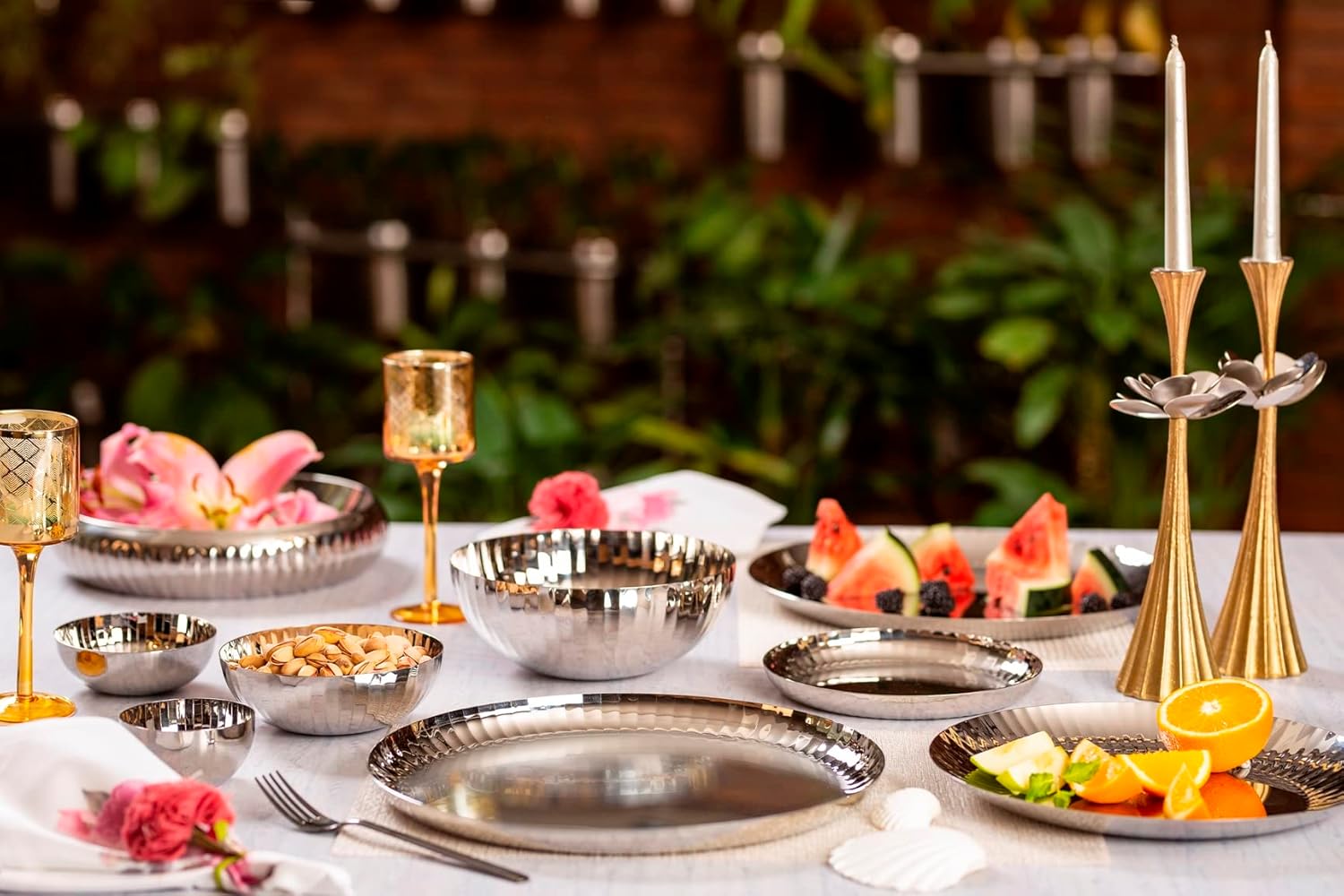 Chrome Stainless Steel Dinner Plate Set Of 6 - Rhythm Garden Series | Corporate Gifting For Diwali - Ribbed Pattern Glossy Finish Plates | Serve Ware, Dinnerware & Tableware