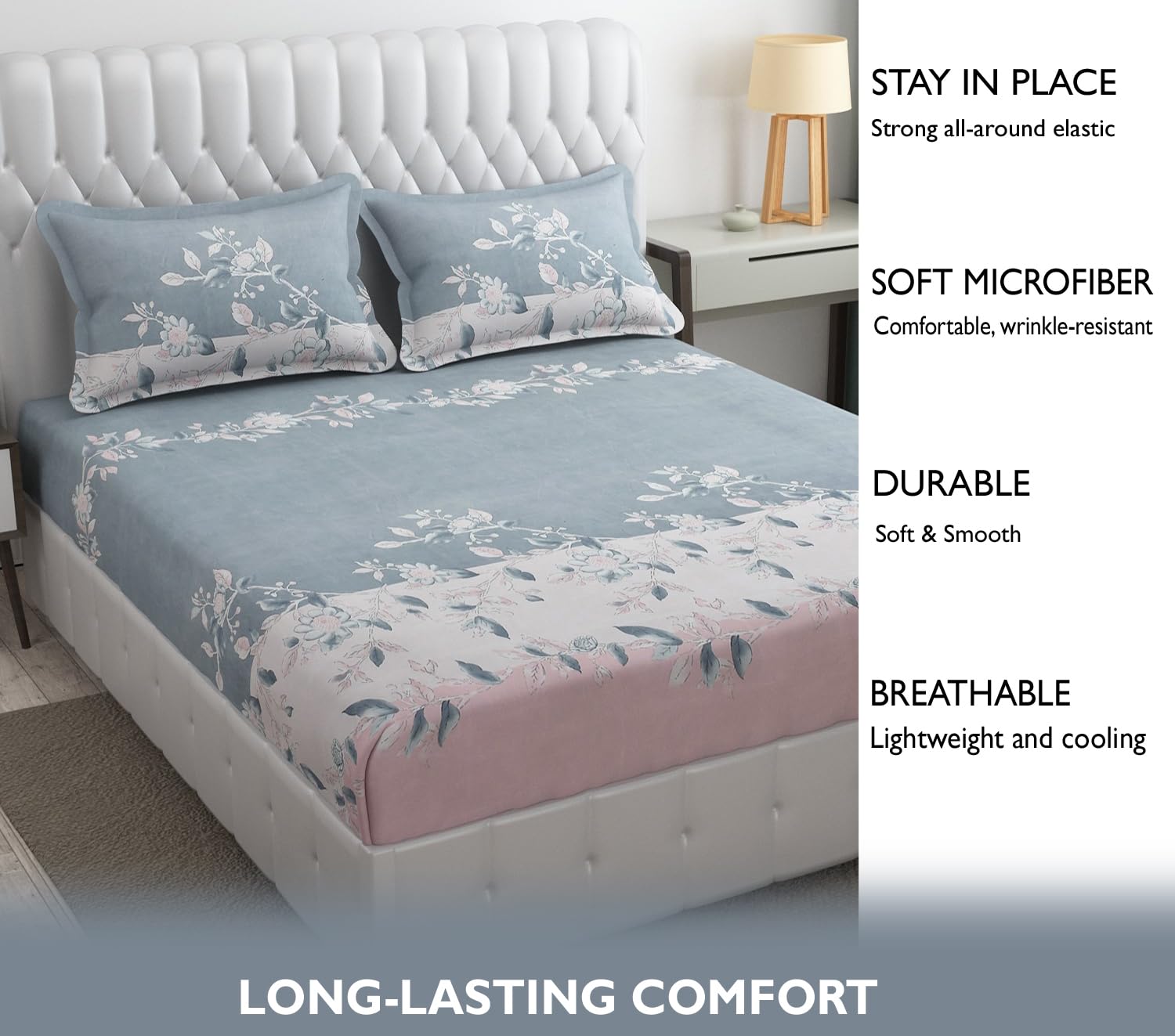 1 Elastic Fitted Bedsheet For King Size & 2 Pillow Covers - 78 X 72 Inches, Pink & Grey | Elegant Floral Print Design & Skin-Friendly