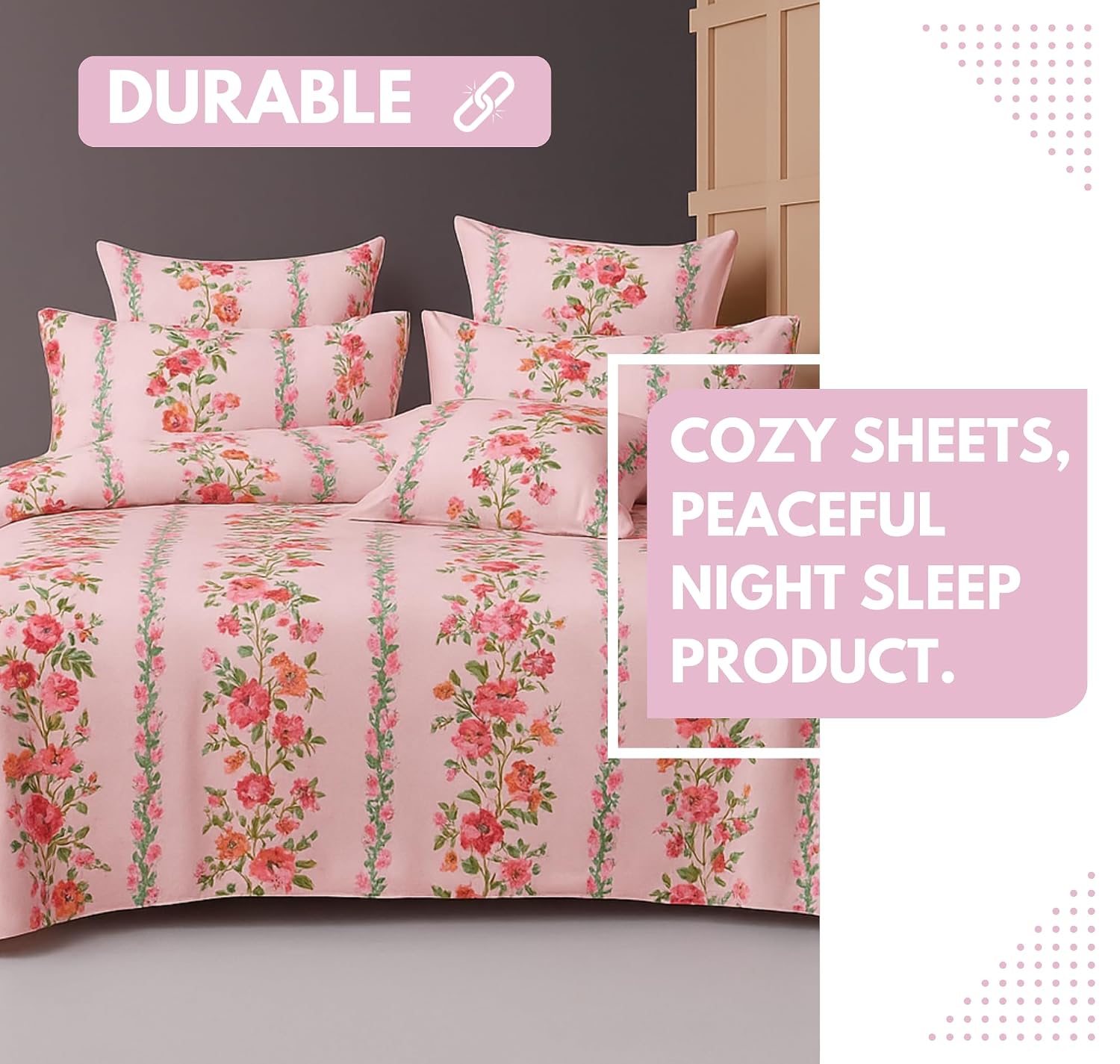 Cotton Double Bedsheets King Size With 2 Pillow Covers | Size 78 X 72+10 Inches, Light Pink-All Around Elastic Fitted Design Bedsheet