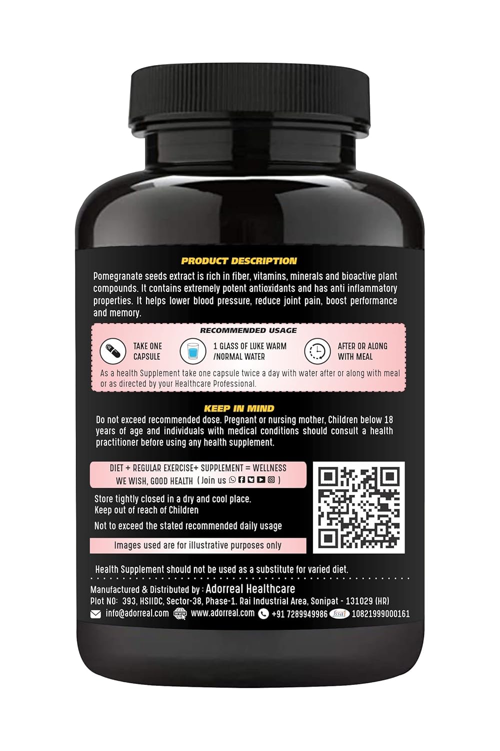 Adorreal Pomegranate Fruit Extract, Rich In Antioxidants For Healthy Body, Helps To Fight Against Harmful Free Radicals | 120 Capsules 150gm 0.3lbs