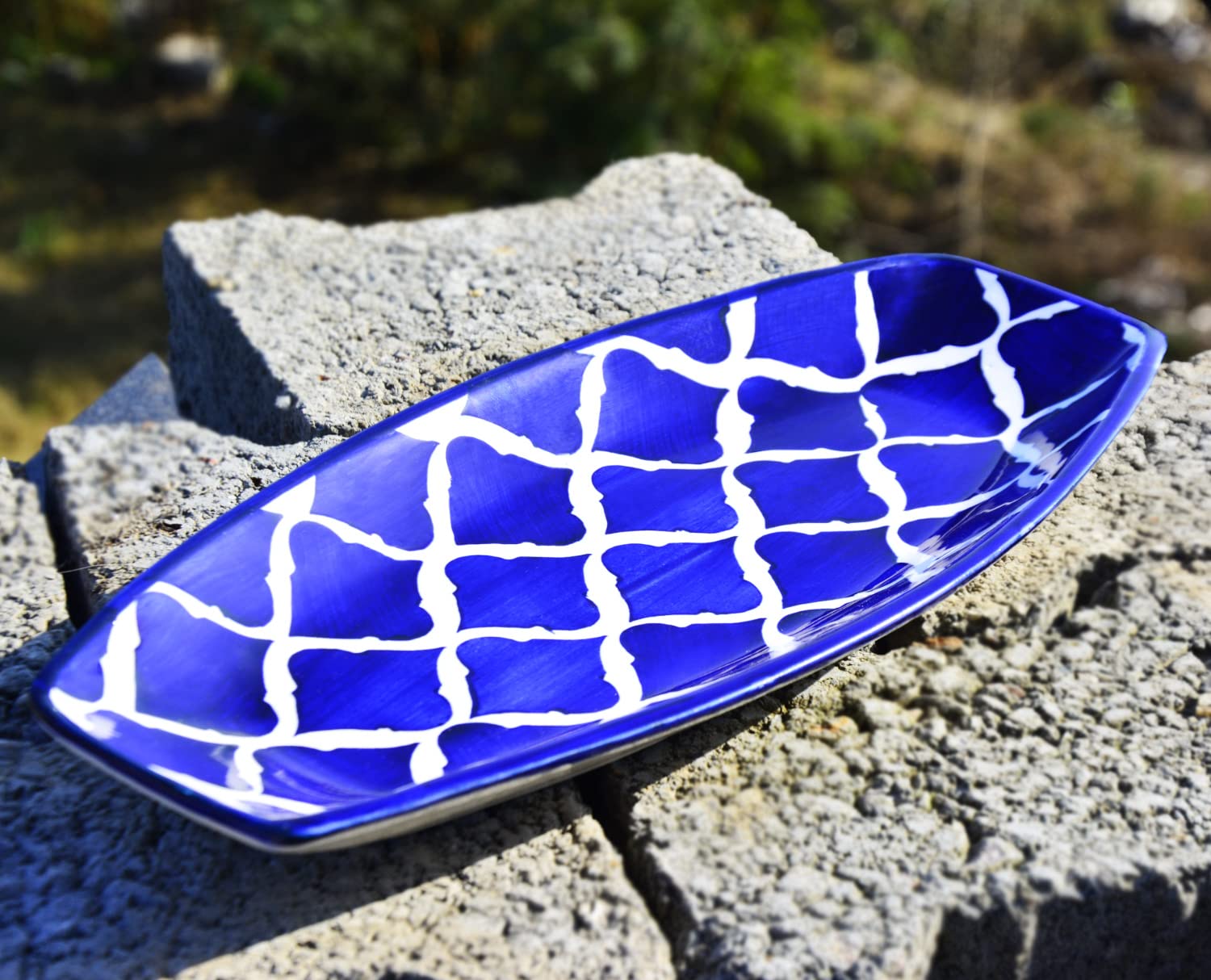 Hand Painted Ceramic Serving Platter - Blue, L X B – 38 Cm X 16 Cm | Starter Serving Platter - Kebab Platter