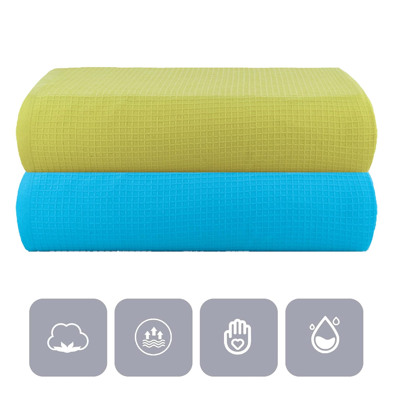 Casa Copenhagen Designed In Denmark Waffle Super Soft 2 Pieces 100% Cotton Large Bath Towel 525 Gsm - Teal Blue & Lime Green