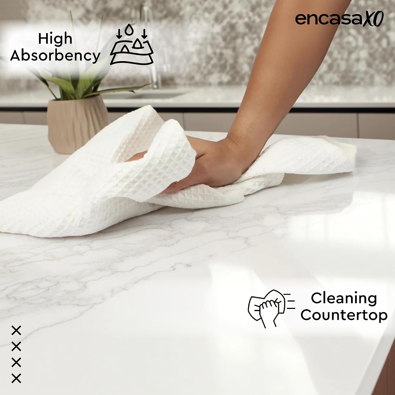 Encasa Xo Kitchen Dish Towels Set 320 Gsm | Waffle Weave & Flat Hand Tea Towel | Quick Drying Reusable Cotton Washcloths | Set Of 4 (White)