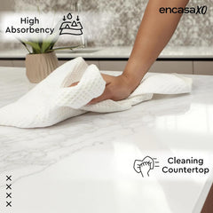 Encasa Xo Kitchen Dish Towels Set 320 Gsm | Waffle Weave & Flat Hand Tea Towel | Quick Drying Reusable Cotton Washcloths | Set Of 4 (White)