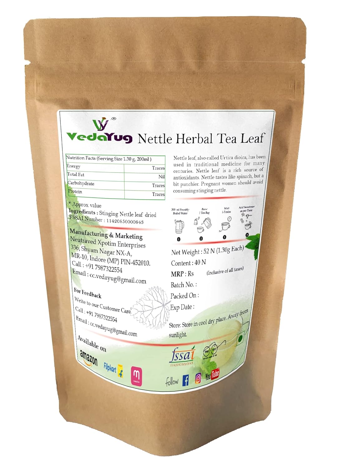 VedaYug Nettle Leaf Herbal Tea - 40 Tea Bags, 52gm, 1.8 Ounce | Treats Painful Muscles, Rich Aroma & Flavor - No Preservatives, No Additives, Caffeine Free