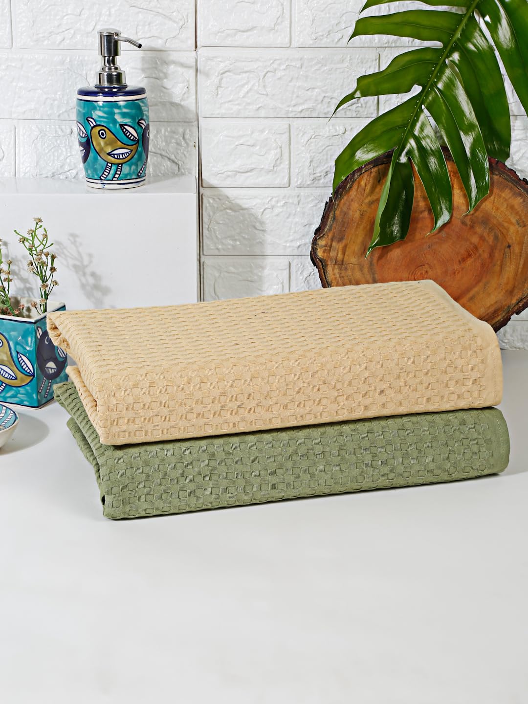 Eco Sense Basket Weave 100% Cotton Luxuriosly Bath Towels 700 Gsm | Soft, Super Absorbent, Large Size Quick Dry Bath Towel - Leafy & Sandal (Pack Of 2)