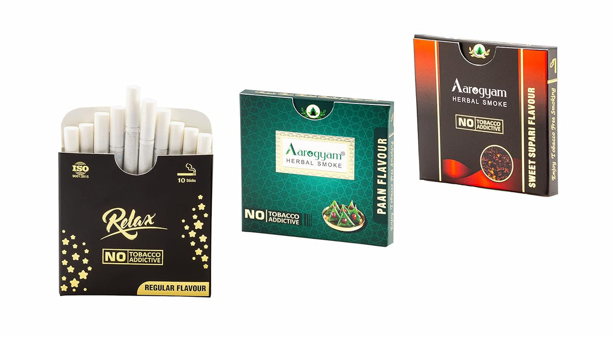 Aarogyam Herbals Tobacco & Nicotine Free Herbal Flavored Cigarette For Relieve Stress & Mood Enhance Product - Relax, Pan Masala, Sweet Supari Flavour - Pack Of 3 30 Sticks