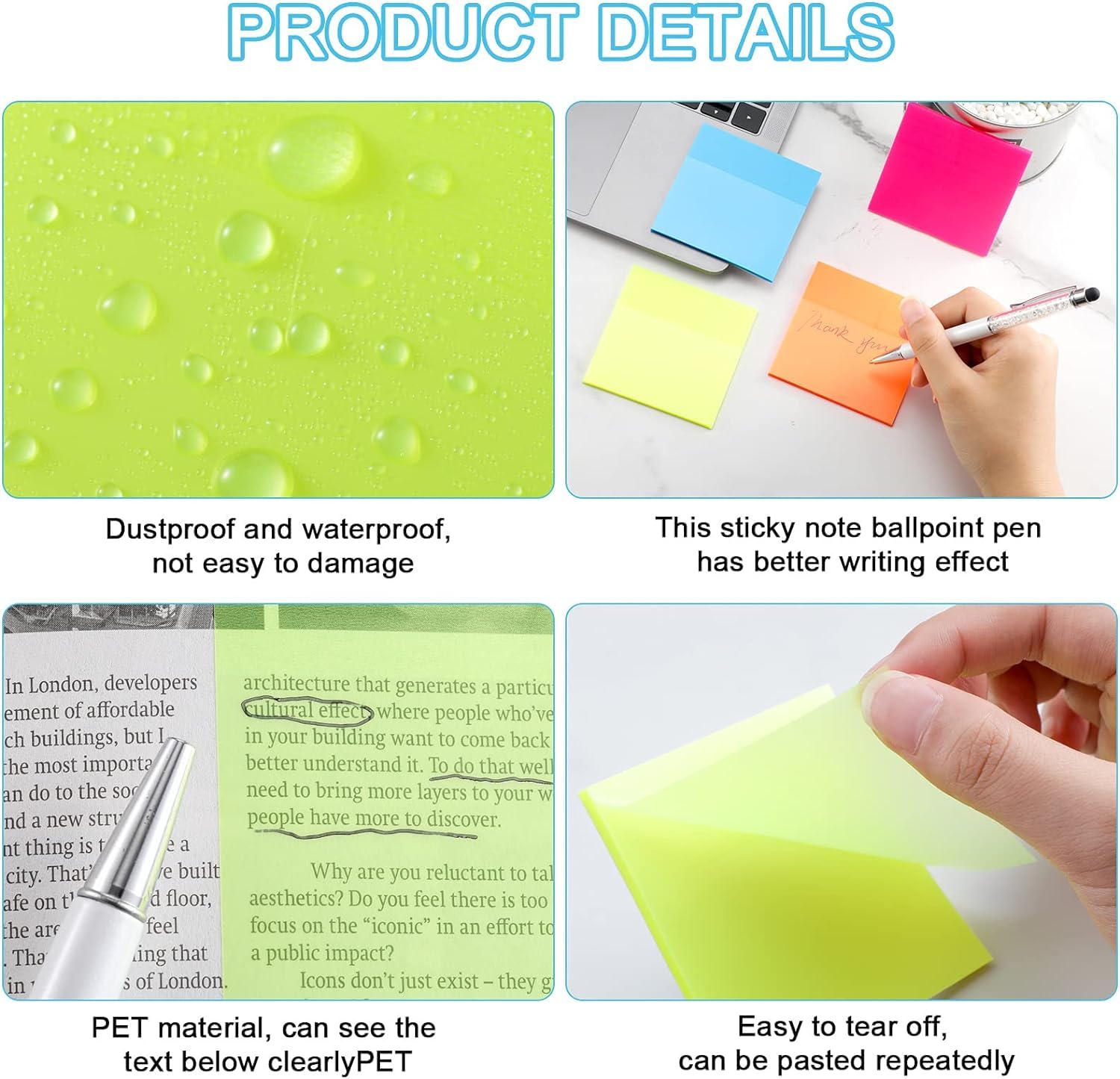 Transparent Sticky Notes, 50 Sheets Translucent Waterproof Colorful Clear Sticky Note - White