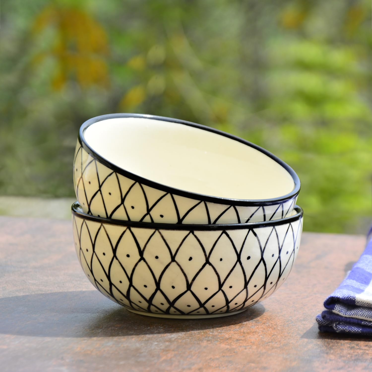 Hand Painted Black & White Spiral Ceramic Serving Bowls Set Of 2 - 5 Inches, 325ml Each | Salad Bowls - Maggie Bowls | Microwave & Dishwasher Safe Vegetable, Pasta, Snack Serving Bowls