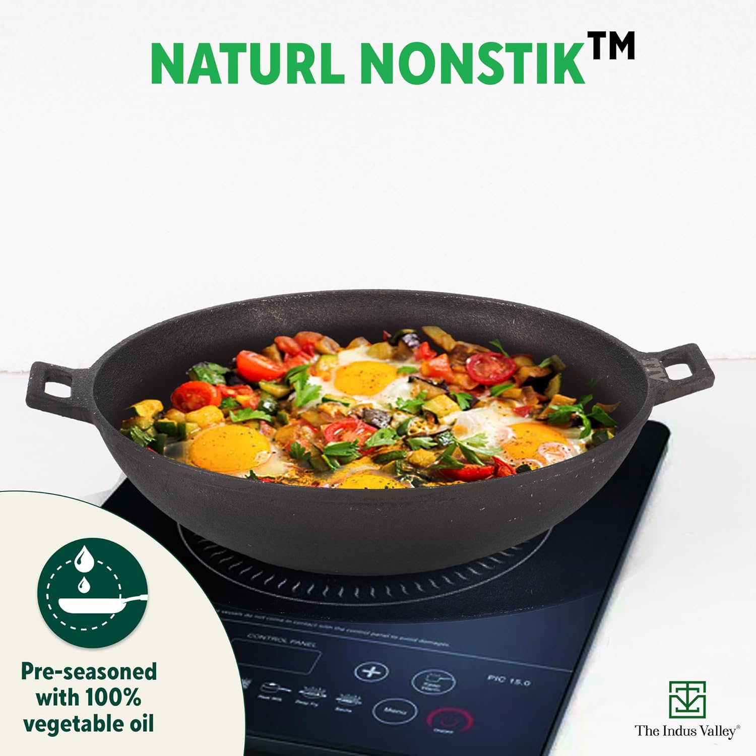 Pre-Seasoned Black Cast Iron Wok Kadai - Large, 31cm, 12 Inch, 3.2 Liters, 2.8 Kg | Induction Friendly, Naturally Nonstick, 100% Pure & Toxin-Free, No Chemical Coating