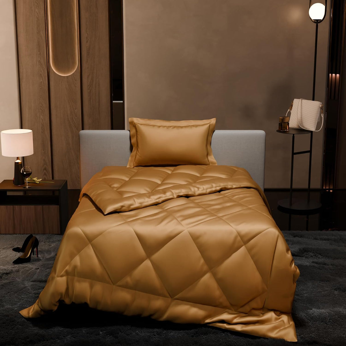 Single Bedsheet + Comforter With 1 Pillow Covers - 60 X 90 Inches, Gold | Ideal For Gift Special Occasions | Perfect Romantic Bedsheet For Couples