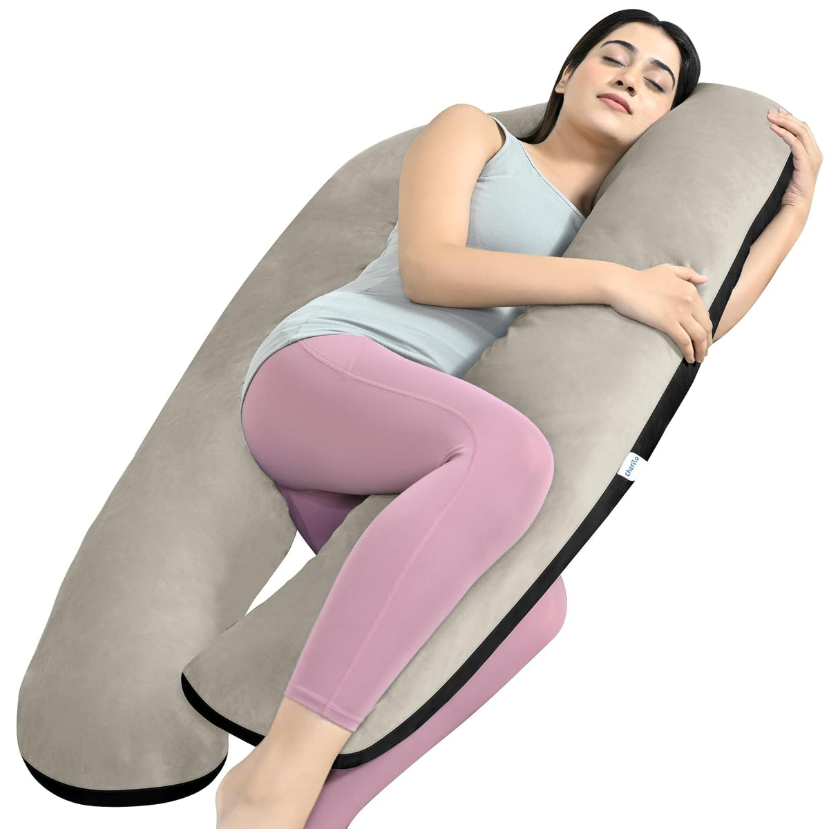 U Shaped Pregnancy Pillow For Pregnant Women & Nursing Mom, Black & Beige | Full Body Support, Single Pillow For Multipurpose Use During Maternity | Premium Velvet Outer Cover With Zip