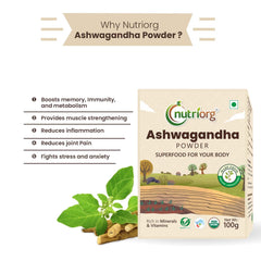 Nutriorg Organic Ashwagandha Root Powder, Boost Energy, Strength, Stamina, Helps Anxiety & Stress Relief For Men & Women | 100gm 0.2lbs