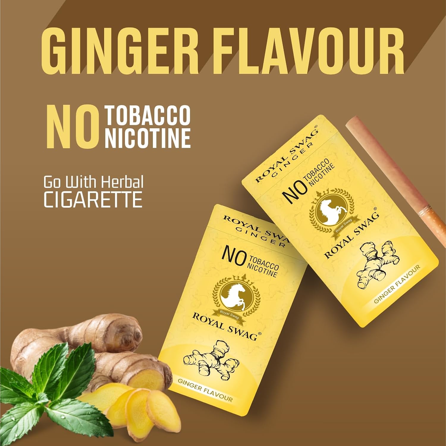 Royal Swag Natural Herbal Cigarettes Ginger Flavour (10 Sticks) Ayurvedic Herbs Clove, Tulsi, And More Additives And Chemicals 100% Tobacco-Free And Nicotine-Free