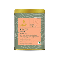 Luxmi Estates Peach Mint Herbal Tea - 100gm Tin Caddy, 3.5 Ounce, 50 Cups | USDA Certified Organic Tea - Caffeine Free Herbal Tea | Rich In Antioxidants, Additives Free