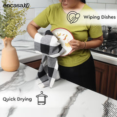 Encasa Xo Kitchen Cooking Cloth 340 Gsm | Cotton Hand Towel For Drying Dishes Highly Absorbent Cleaning & Quick Drying Of Plates | Buffalo Black Checks (Set Of 4)