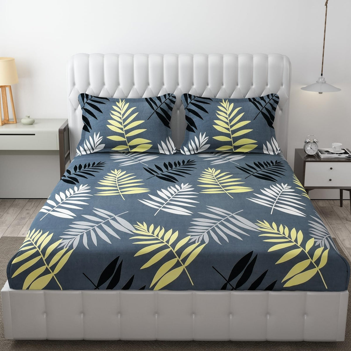 King Size Bedsheet With Two Pillow Cover (Size - 78 X 72 Inches, Grey & Black) | Elastic Fitted Floral Bedsheet | Best For Festival Gifting
