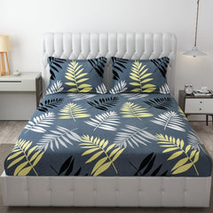 King Size Bedsheet With Two Pillow Cover (Size - 78 X 72 Inches, Grey & Black) | Elastic Fitted Floral Bedsheet | Best For Festival Gifting