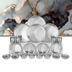 Designer Stainless Steel Floral Shagun Laser Bloom Dinner Set Of 24 Pieces, Silver | 4 Dinner Plate+ 4 Side Plate+ 4 Glass+ 4 Bidding Bowl+ 4 Pudding Bowl+ 4 Dinner Spoon