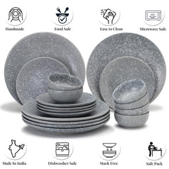 Handcrafted Ceramic Stoneware Dinner Set Of 18 Pcs - Silver Grey | 6 Dinner Plates, 10.6 Inch Each + 6 Small Plates, 7.4 Inch Each + 6 Small Dinner Bowl, 160ml Each - Microwave & Dishwasher Safe