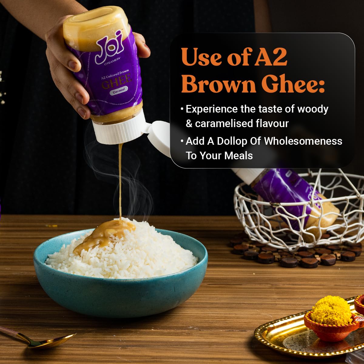 100% Pure Caramel Cultured A2 Cow Desi Ghee By Joi | Good Source Of Protein Fiber Healthy Authentic Bengali Ghee Perfect For Dishes | (350ml) 11.8 Ounce | Plastic Bottle