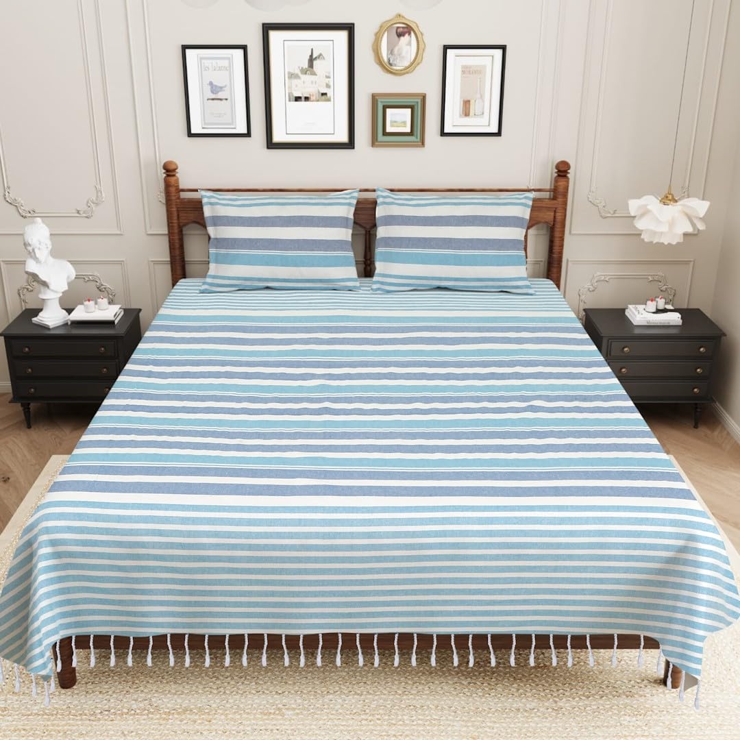 210 TC Double Bedsheet With Two Pillow Cover - Queen Size 90 X 100 Inches, White & Blue | Handloom Cotton Bedsheets For Double Bed | All Season Comfort