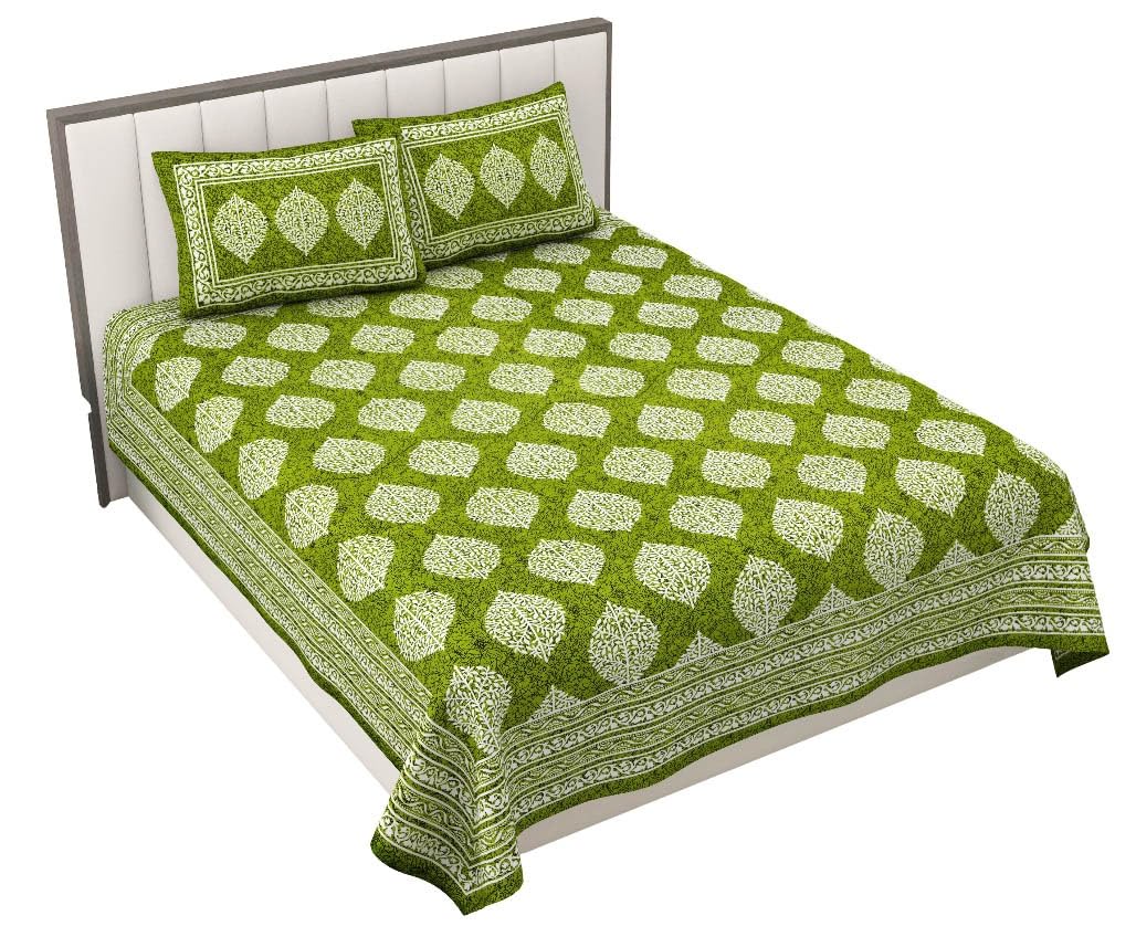 Cotton Double Bedsheet For King Size With Two Matching Pillow Covers - 90 X 94 Inches, Green | Super Soft Breathable & Wrinkle Free