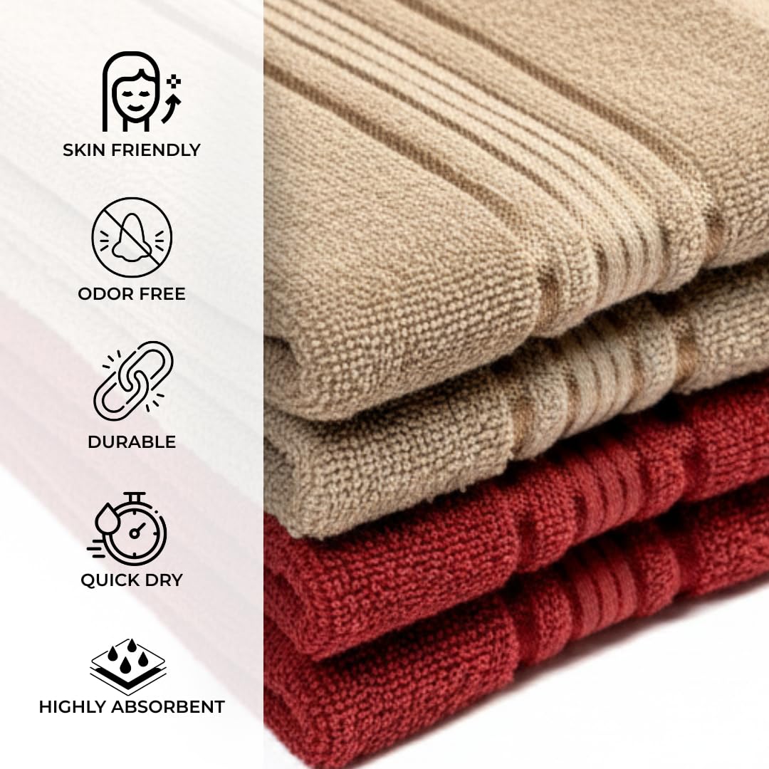 Akiko Home 100% Cotton Essential Series Hand Towels 800 Gsm | Soft, Absorbent & Durable, Cotton Hand Towel For Bathroom Use, Gentle On Skin- Pack Of 4 (Beige & Maroon)