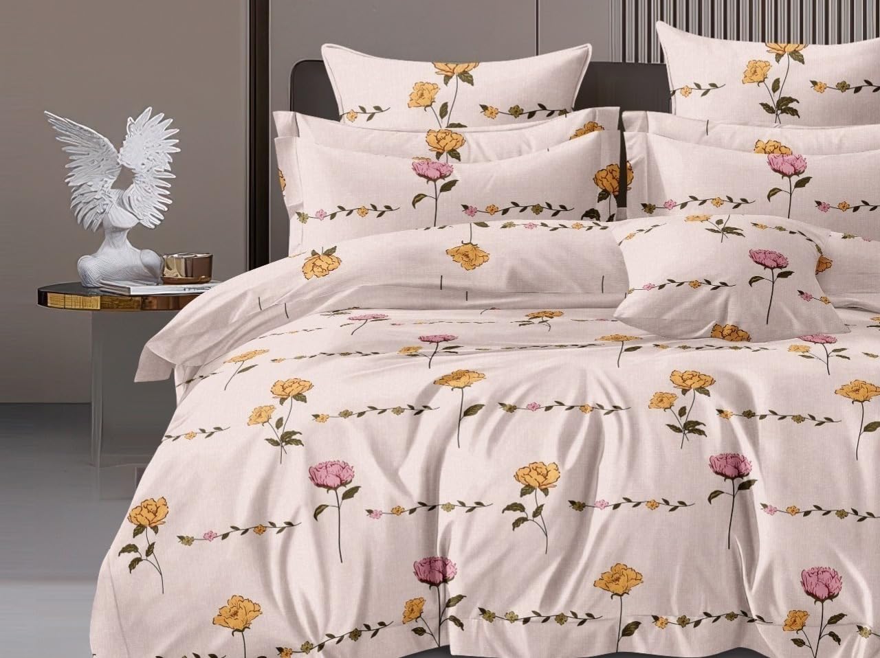Printed Double Bedsheet For Super King Size With 2 Matching Pillow Covers - 108 X 108 Inches, Peach | 300 Thread Count Skin Friendly & Luxuriously Smooth To Touch Bedsheet