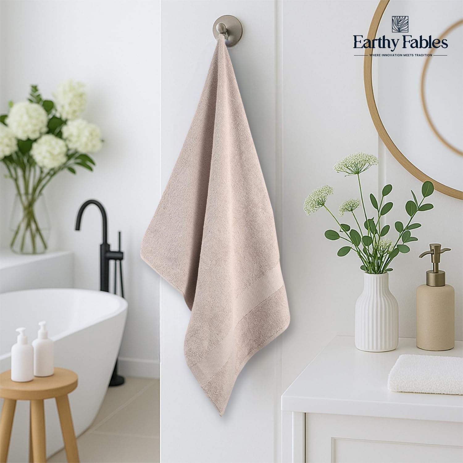 Earthy Fables Premium Bath Towel 600 Gsm | 100% Combed Cotton Ultra Soft, Quick Dry & Highly Absorbent For Home, Travel & Acne-Prone Skin, 140 X 70 Cm (Beige)