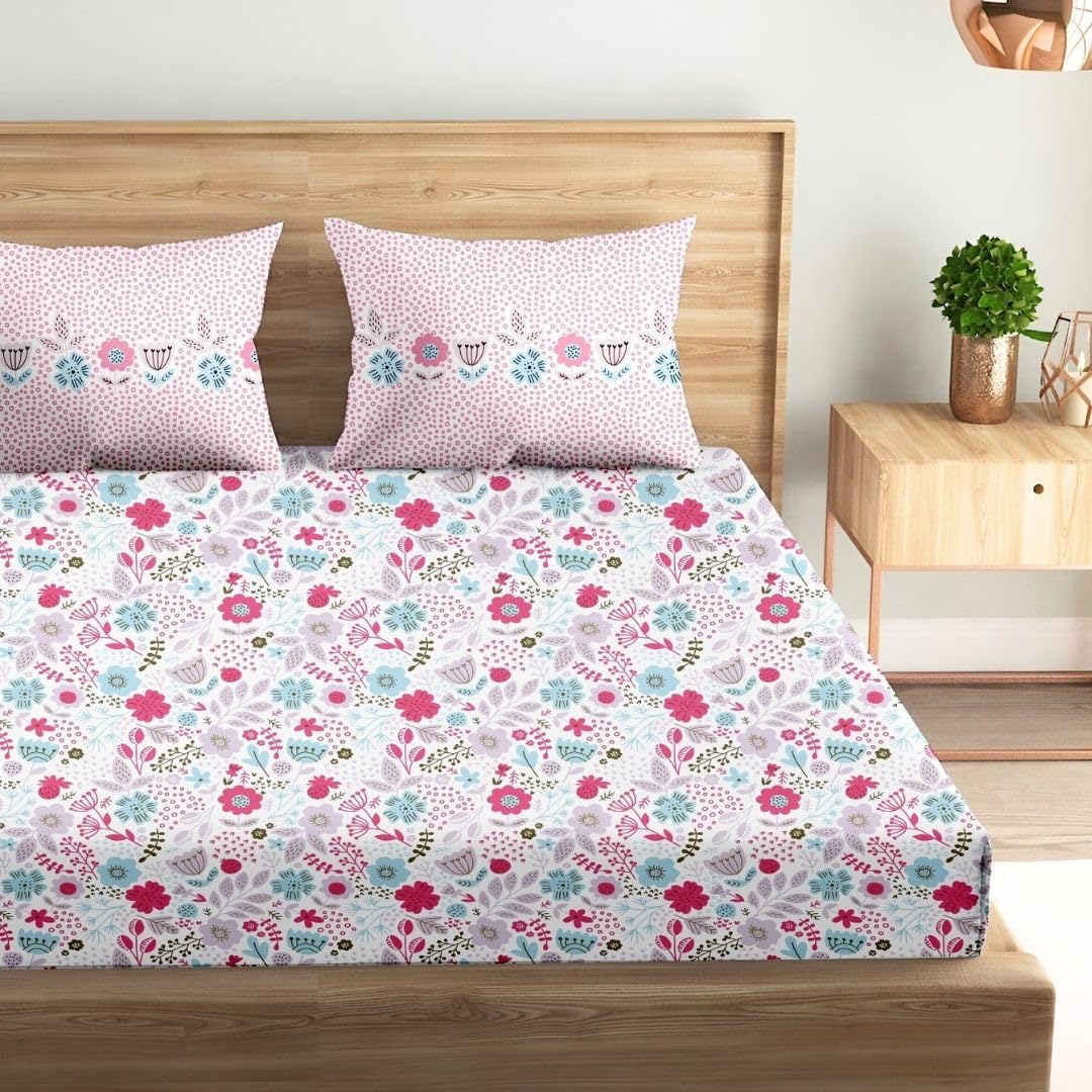 Super King Pure Cotton Bedsheet With 2 Pillow Covers | 108 × 108 Inches, Multicolor | Soft Breathable Floral Design Bedding | Comfortable Sleep All Year