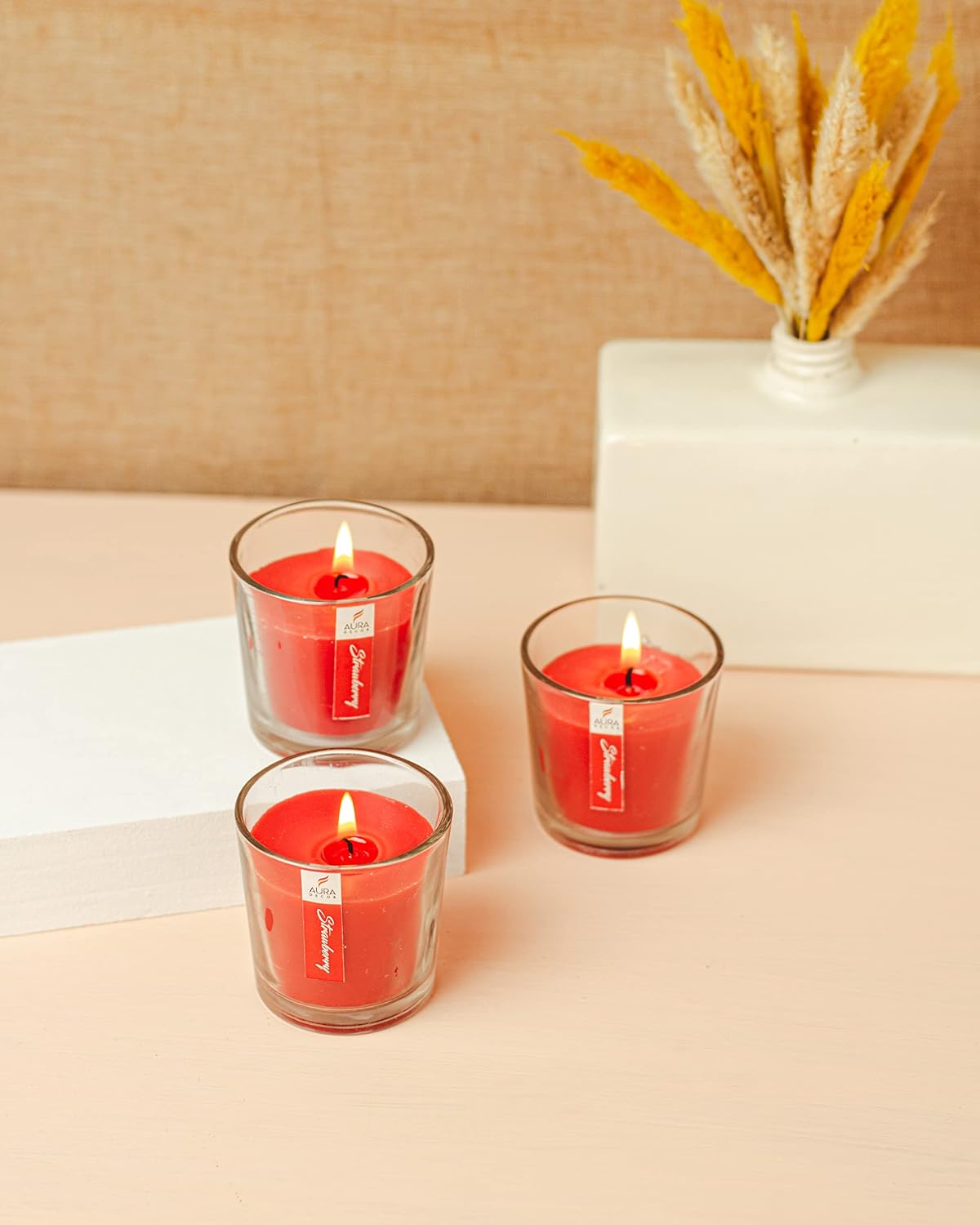 STRAWBERRY BEST FRAGRANCE VOTIVE GLASS CANDLES SET OF 3 | BURNING TIME 12 HOURS