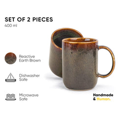 Large Ceramic Coffee Mug Set Of 2 - Brown Reactive, 400ml Each | Ceramic Tall Curvy Mug With Glossy Finish - Stoneware Mug For Coffee | Ceramic Coffee Mug - Microwave Safe & Dishwasher Safe