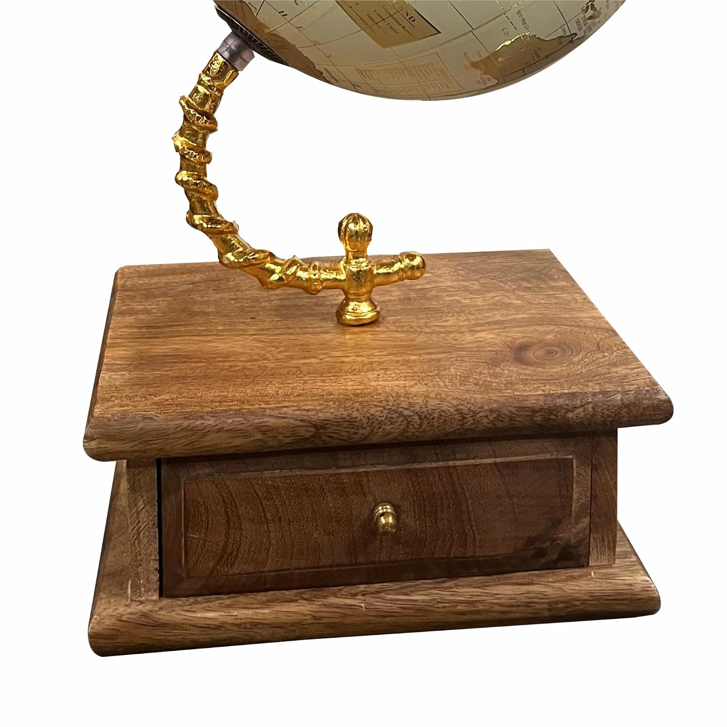 Home Decor 8 Inch Diameter World Globe On Gold Arc & Wooden Storage Drawer For Office Table, Gift Item, Interior Decoration & Educational - Cream, Pack Of 1