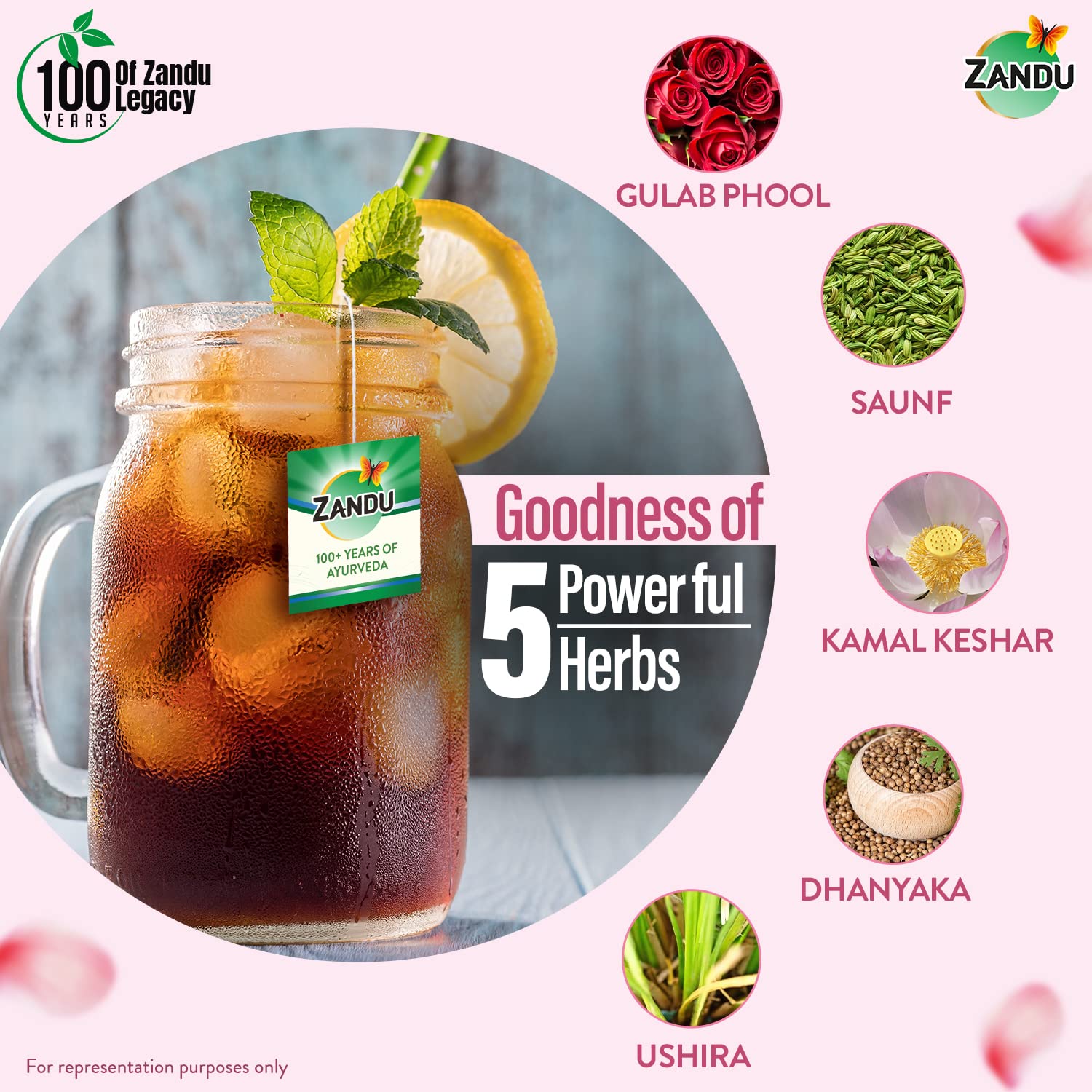 Zandu Calming & Refreshing Herbal Infusion Tea - 25 Tea Bags | 1st Ayurvedic Iced Herbal Tea With Taste & Health Benefits - Improves Skin Health | Caffeine Free