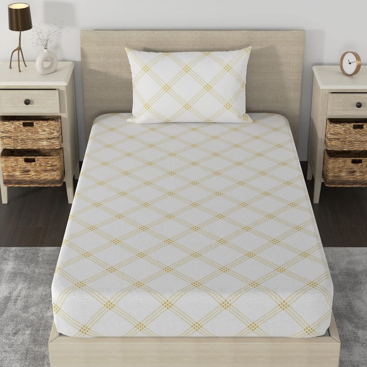 Single Bedsheet Cotton With 1 Pillow Cover - 55 X 88 Inches, White (Yellow Pattern) | Lightweight, Soft & Breathable - Perfect For Gifting On Weddings Bedsheet