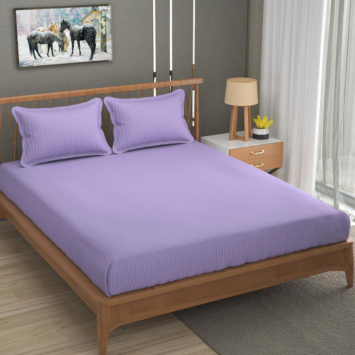 Cotton Elastic Fitted King Size Double Bed Bedsheet With 2 Pillow Covers - 72x78x6 Inches, Purple | Durable Bedsheets For Everyday Comfort