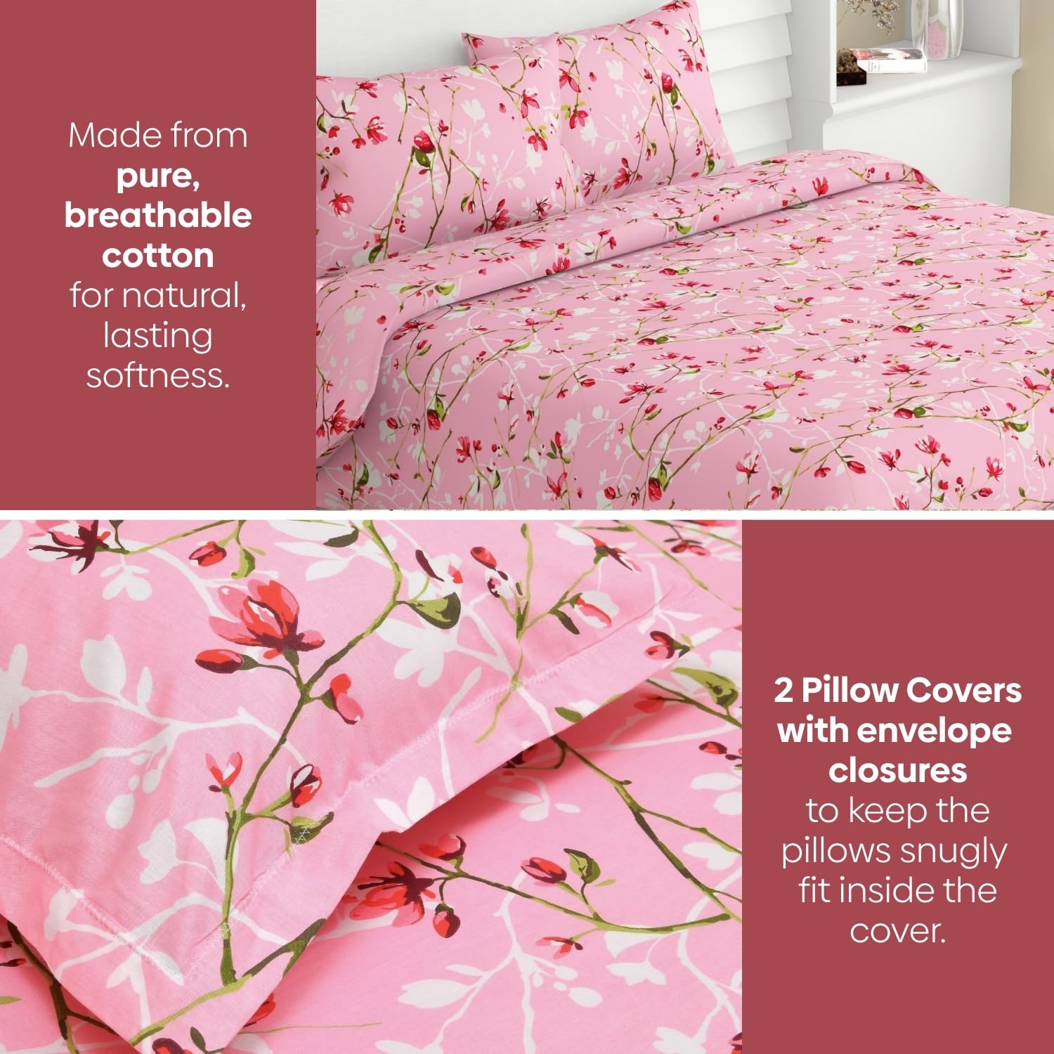 Flat Bedsheet Queen Size Bed With 2 Pillow Covers - 100 X 90 Inches, Pink & Green | Soft, Breathable & Durable | Skin-Friendly & Durable
