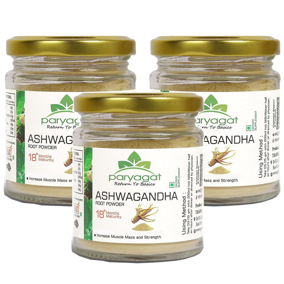 Paryagat Ashwagandha Root Powder 100% Pure Herbal Supplement For Stress Relief, Energy Boost & Immune Support | 100gm 0.2lbs Each Pack Of 3