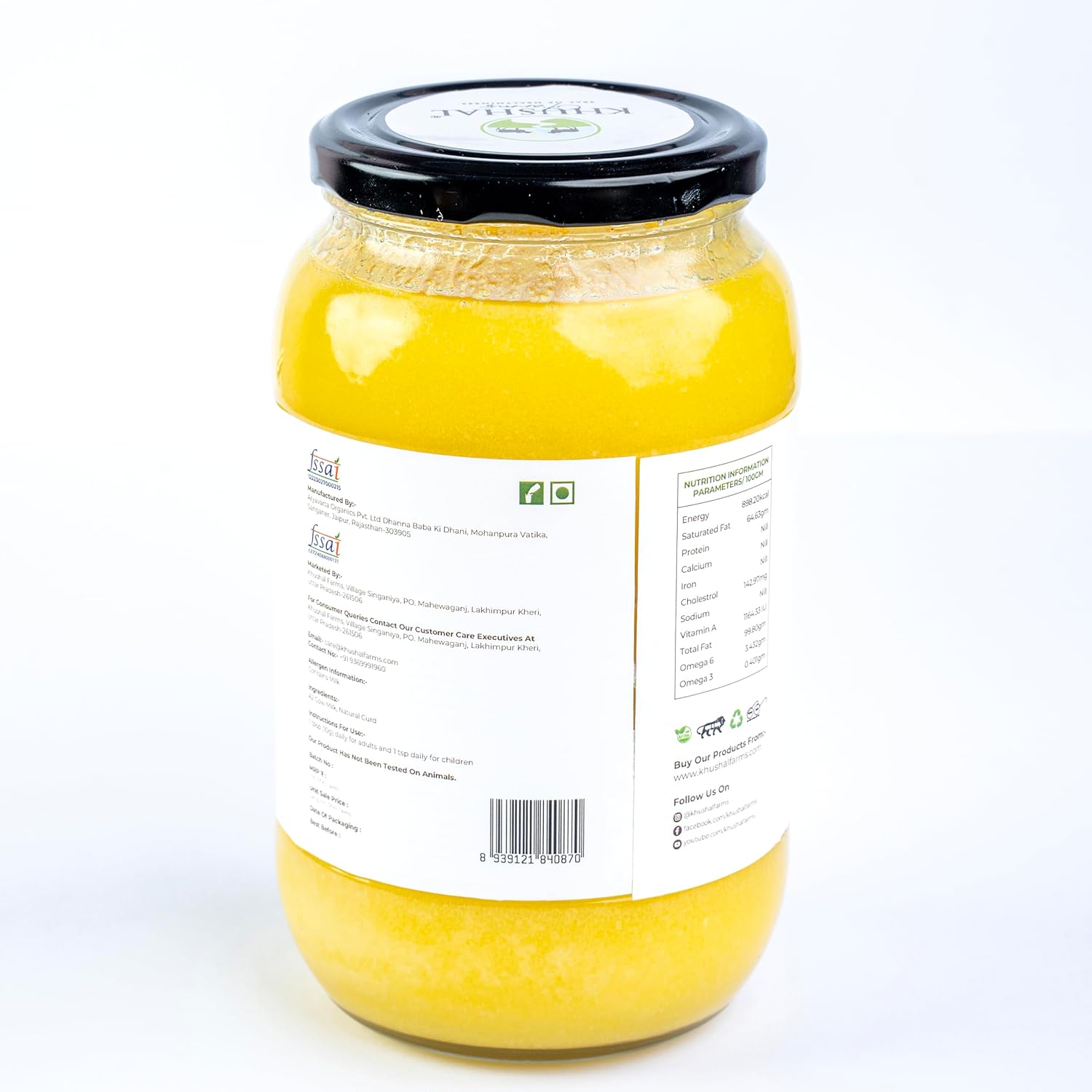 Premium Natural A2 Gir Cow Ghee By Khushal Farms | High In Protein Fiber & Nutrients Healthy Desi Ghee Good For Taste | (1 Litr) 33.8 Ounce | Jar Pack