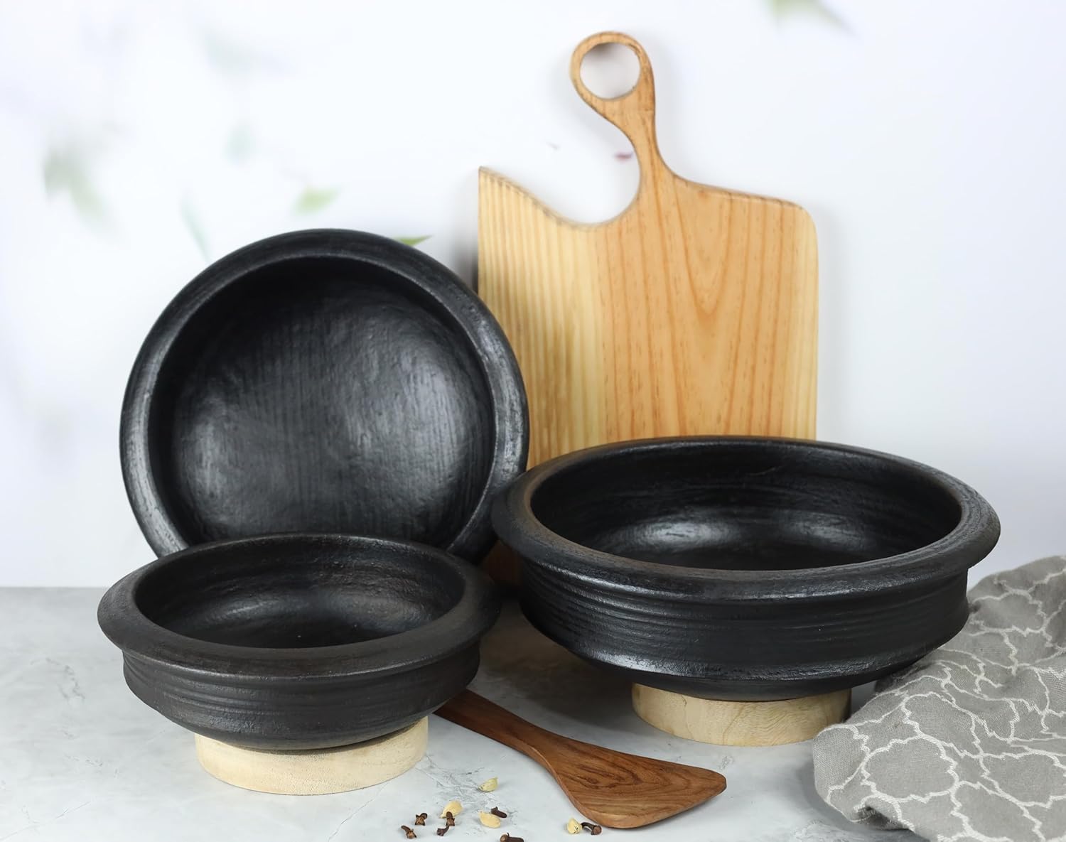 Deep Burned Uncoated Clay Pot Or Mitti Handi Combo With 2 Wooden Spatulas Complimentary Pack Of 3 - Black, 1 + 2 + 3 Liters | Pre-Seasoned Mud Pot - Unglazed, Double Fired, Hand Crafted