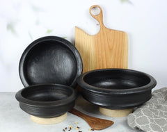 Deep Burned Uncoated Clay Pot Or Mitti Handi Combo With 2 Wooden Spatulas Complimentary Pack Of 3 - Black, 1 + 2 + 3 Liters | Pre-Seasoned Mud Pot - Unglazed, Double Fired, Hand Crafted