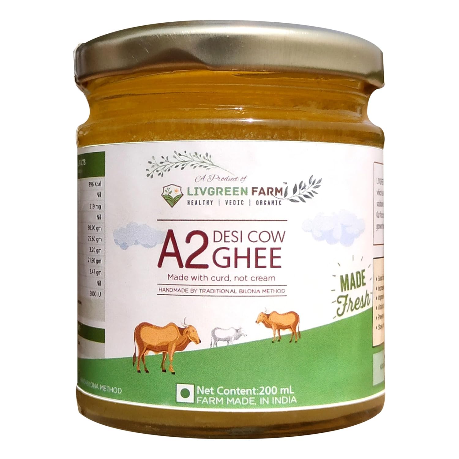 Pure Natural A2 Desi Cow Ghee By Livgreen Farm | Rich In Nutrients & Healthy Bilona Method Pure Desi Ghee Good For Weight Loss | (200ml) 6.7 Ounce | Jar Pack
