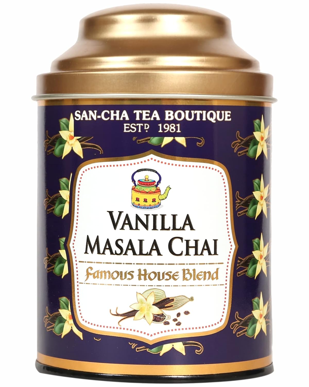 San-Cha Tea Boutique Vanilla Masala Chai - 100gm, 3.5 Ounce | Real Spice Masala Chai Patti - Medium Caffeine Vanilla Cardamom Spiced Tea