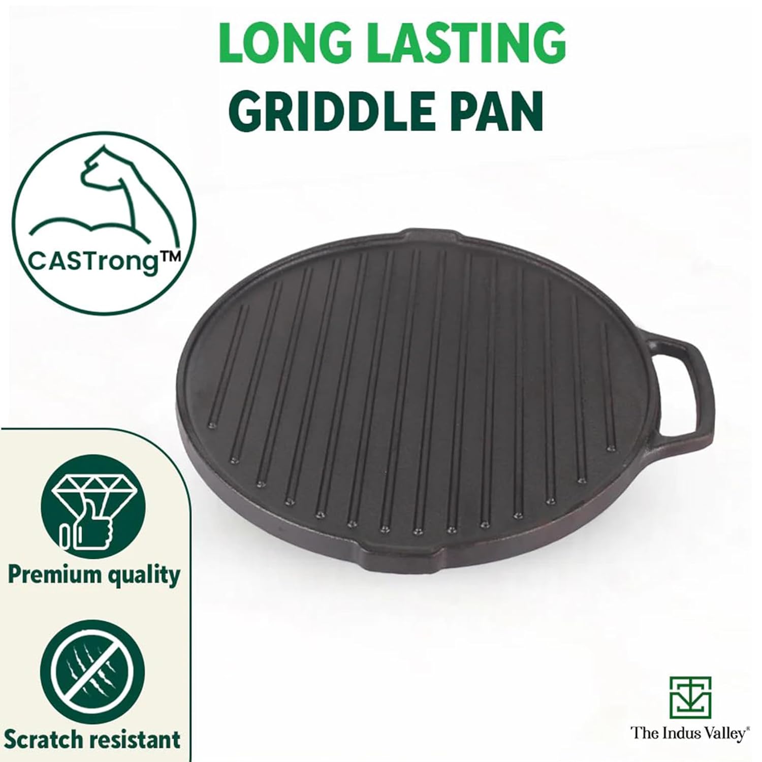 Pre-Seasoned Black Cast Iron Round Griddle Pan With Double Handle - Medium, 26 Cm, 10.2 Inch, 2.1 Kg | Gas Compatible, 100% Pure & Toxin-Free, No Chemical Coating