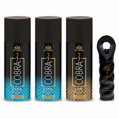 St. john Cobra Cool + Cool + Live Deodorant Spray 450ml 15.2 Fl.oz. & Cobra Eau De Perfume 15ml 0.5 Fl.oz. Pack Of 4 | Perfect Gift Set For Men & Women