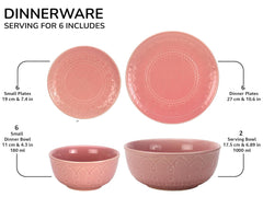 Handcrafted Stoneware Embossed Ceramic Dinner Set Of 20 Pcs With Serving Bowl Set - Light Pink | 6 Dinner Plates+ 6 Small Plates+ 6 Small Dinner Bowls, 180ml Each+ 2 Serving Bowl, 1000ml Each