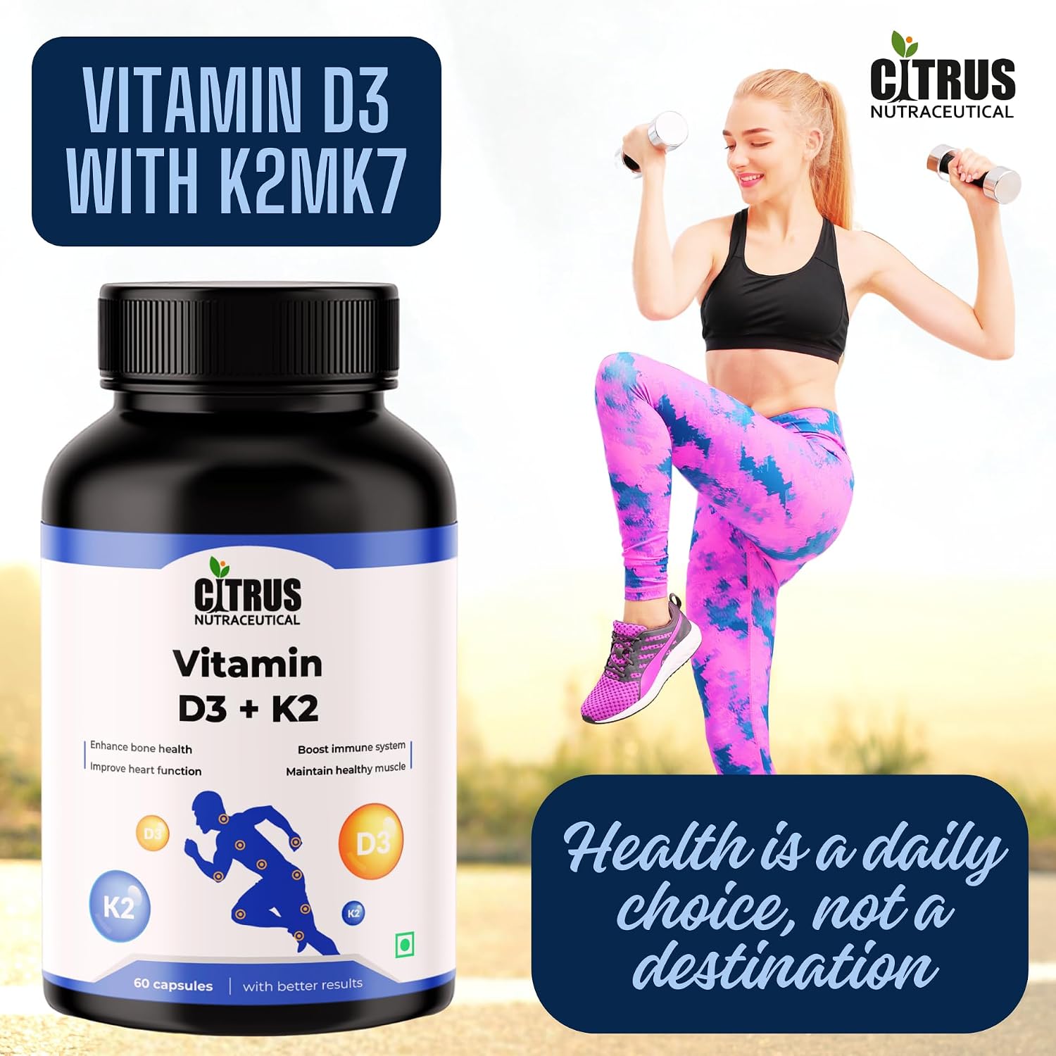 Citrus Nutraceutical Vitamin D3 With K2mk7 Supplement | Supports Immunity, Stronger Bone & Heart Health | 60 Veg Capsules, 100gm 0.2lbs